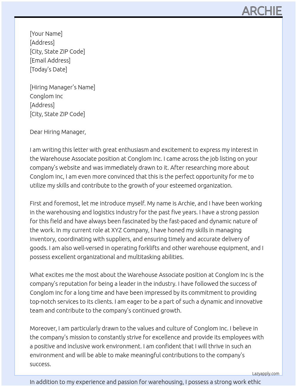 Cover letter for wharehouse associate - LazyApply