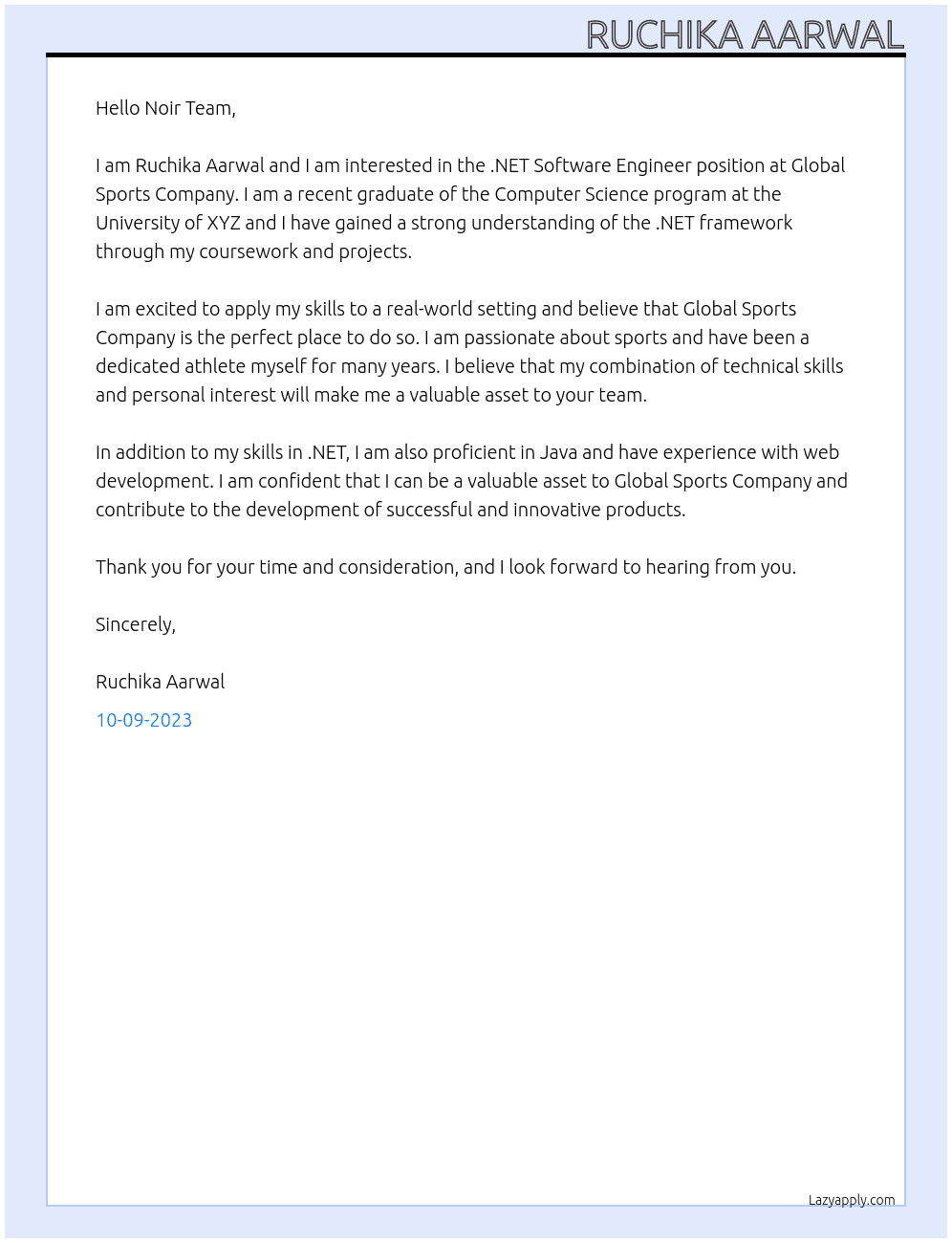 .NET Software Engineer At Global Sports Company Cover Letter