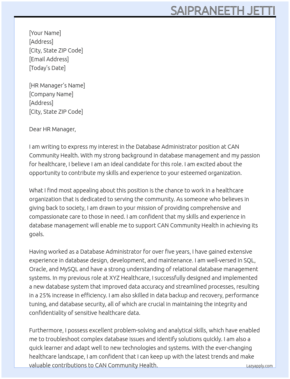 Database Administrator At CAN Community Health Cover Letter