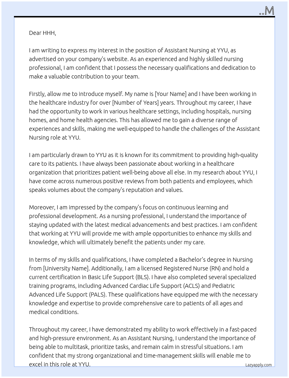Assistent nursing At yyu Cover Letter