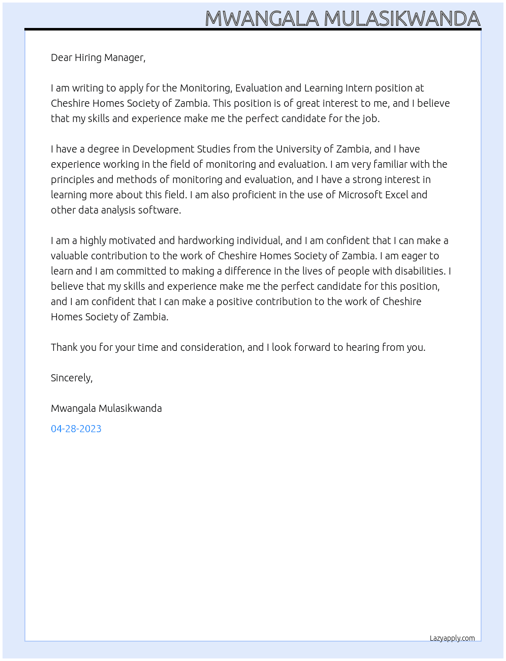monitoring evaluation learning intern At cheshire homes society of zambia Cover Letter