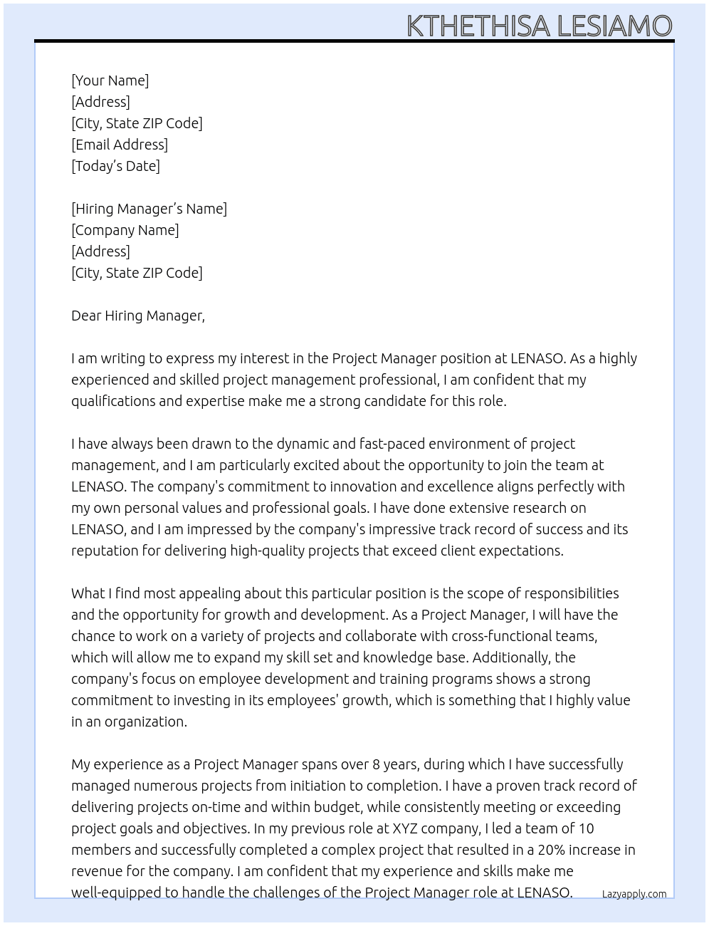 Project manager  At LENASO Cover Letter