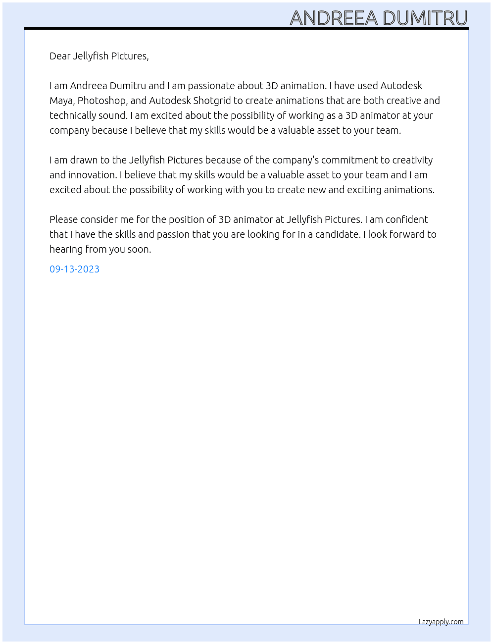 3D animator At Jellyfish Pictures Cover Letter