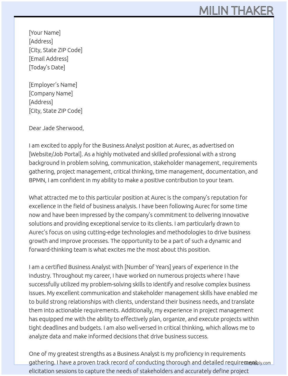 Business Analyst At Aurec Cover Letter