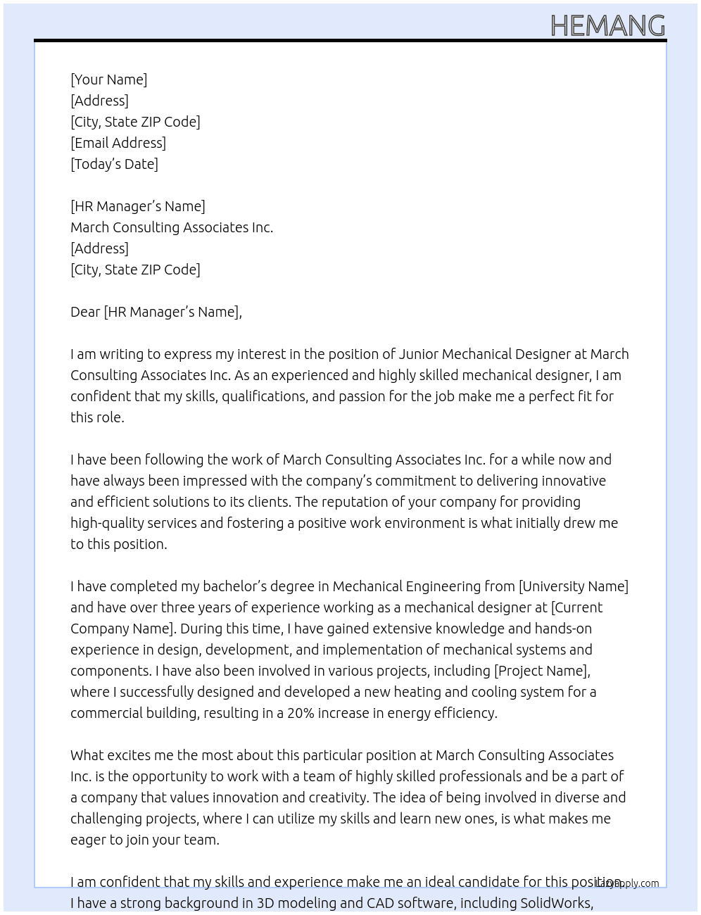 junior mechanical designer At March Cosulting Associates Inc. Cover Letter
