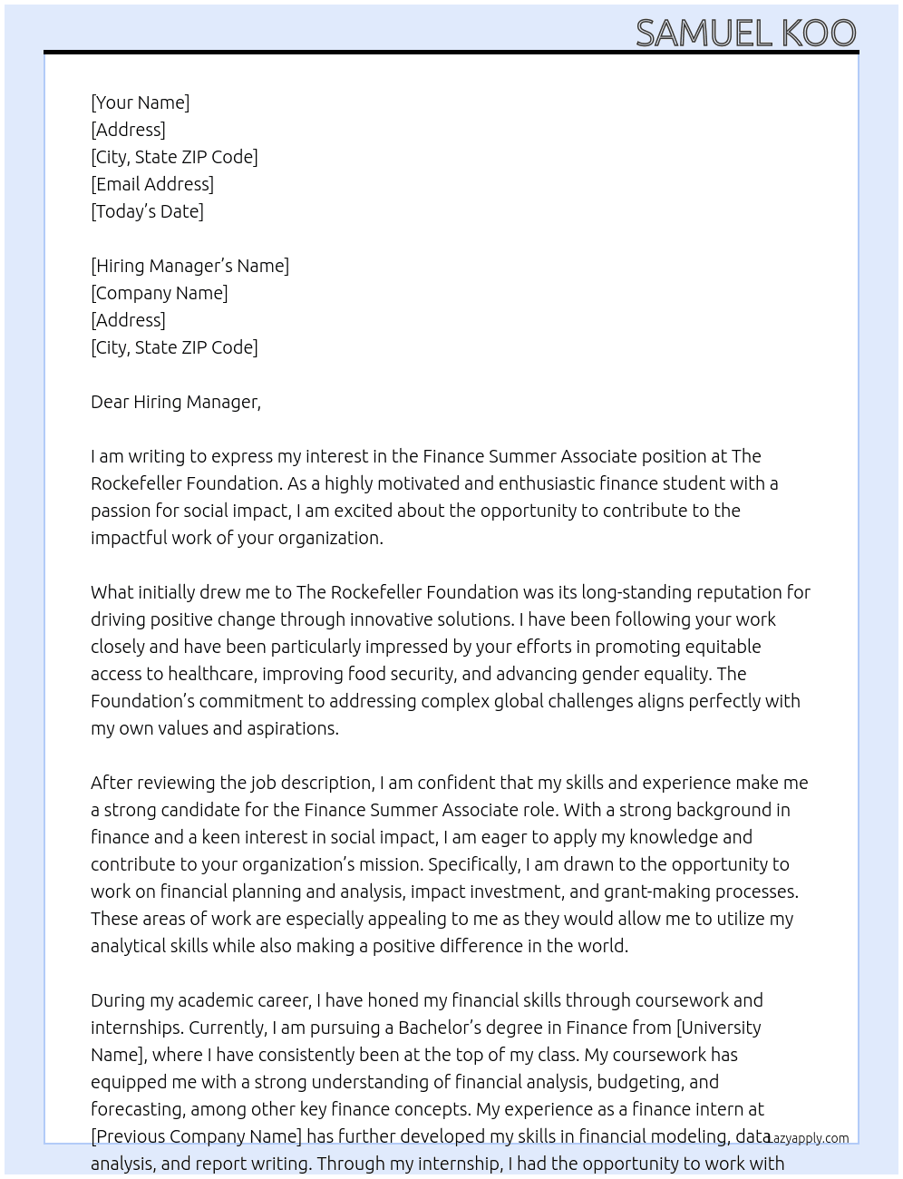 Finance Summer Associate At The Rockefeller Foundation Cover Letter