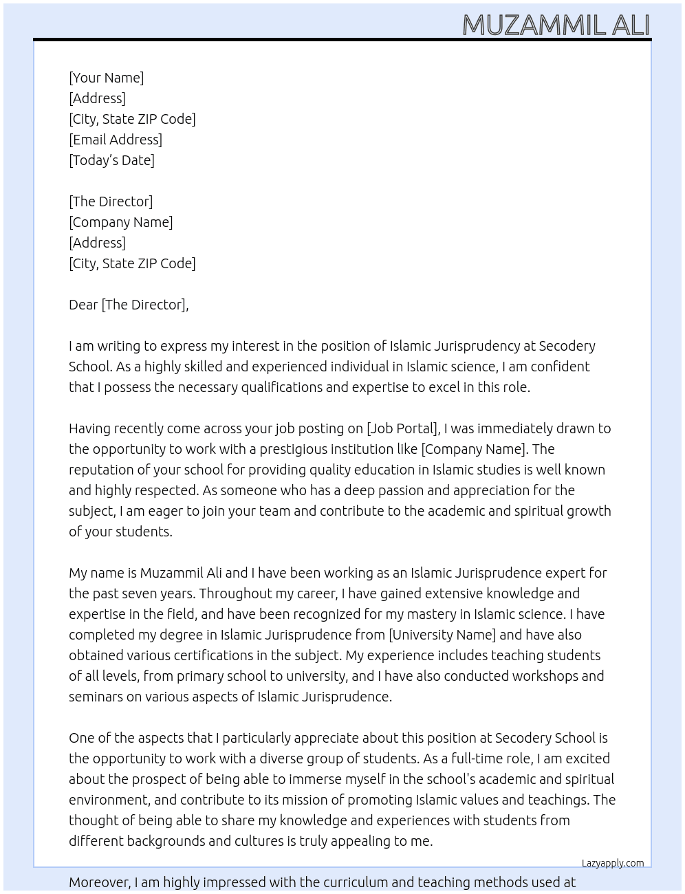 Islamic Jurisprudency At Secodery School Cover Letter