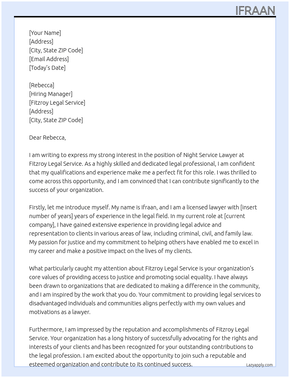 Night Service Lawyer At Fitzroy Legal Service Cover Letter