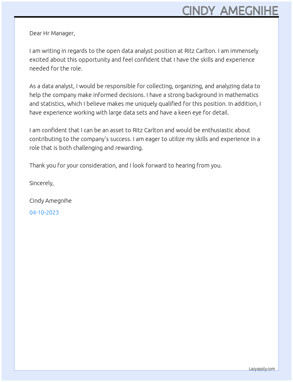 data analyst At Ritz Carlton Cover Letter