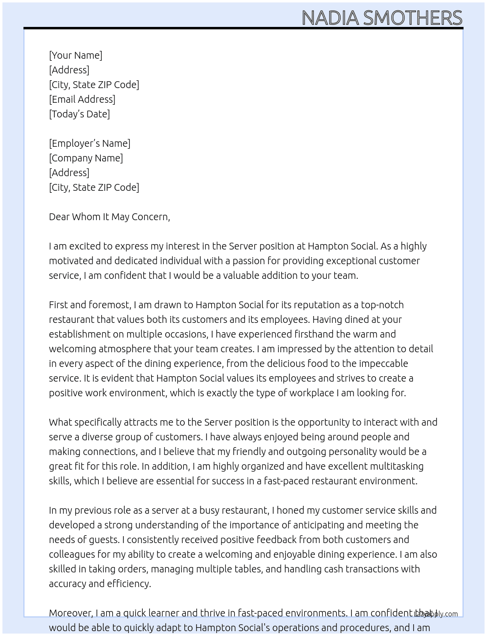Server At Hampton Social Cover Letter