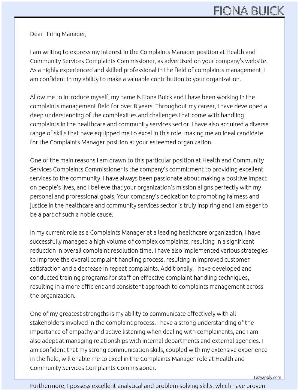 Complaints manager At Health and Community Services Complaints Commissioner Cover Letter