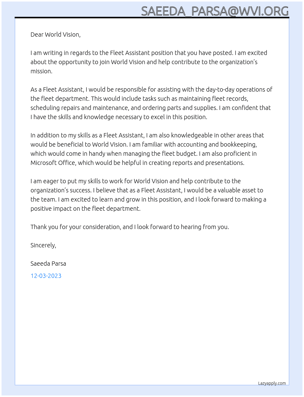 Fleet Assistant At World Vision  Cover Letter