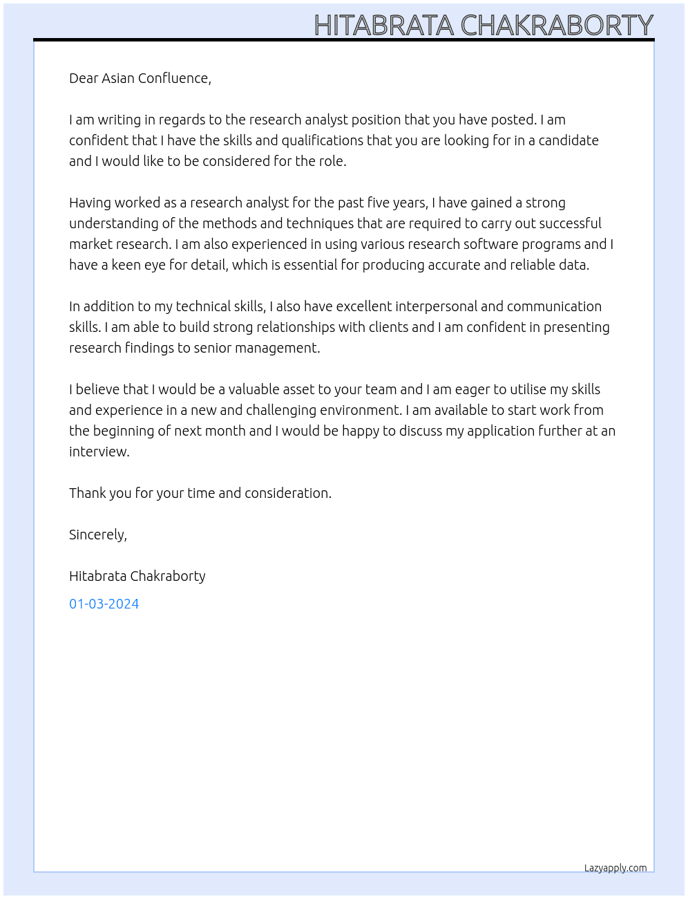 research analyst At Asian Confluence Cover Letter