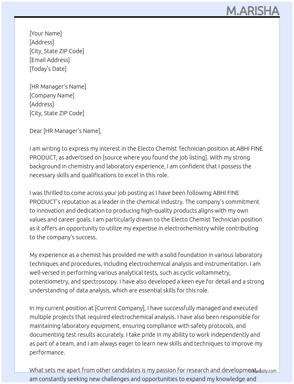 Electo chemist technician  At ABHI FINE PRODUCT  Cover Letter
