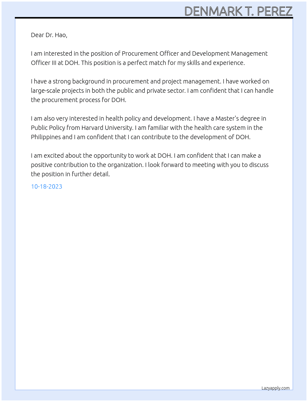 PROCUREMENT OFFICER AND DEVELOPMENT MANAGEMENT OFFICER III At DOH Cover Letter
