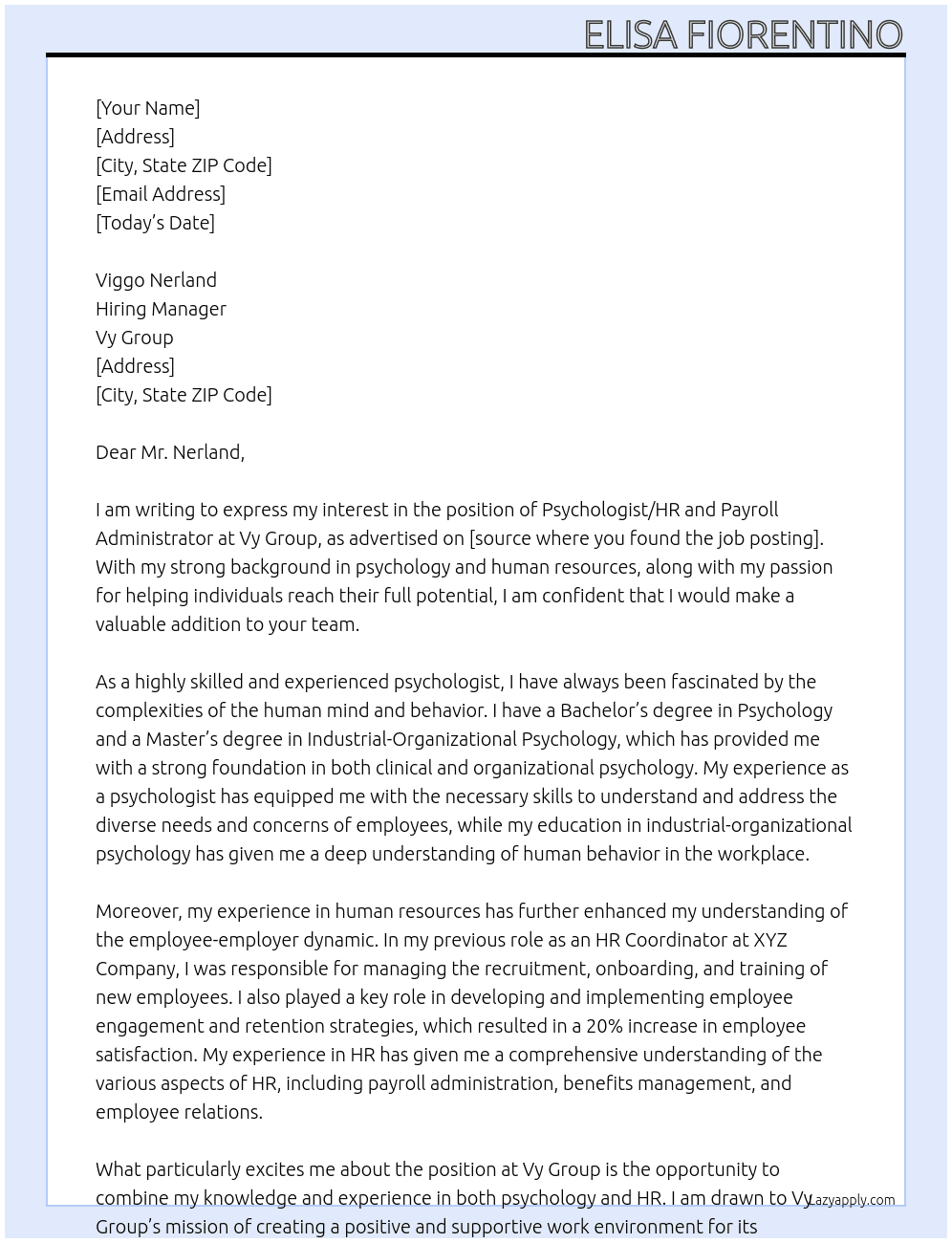 Psychologist/HR and payroll dministrator At Vy group Cover Letter