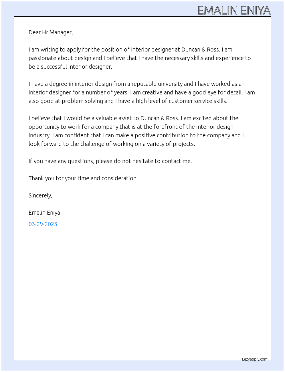 Interior designer At Duncan & Ross Cover Letter