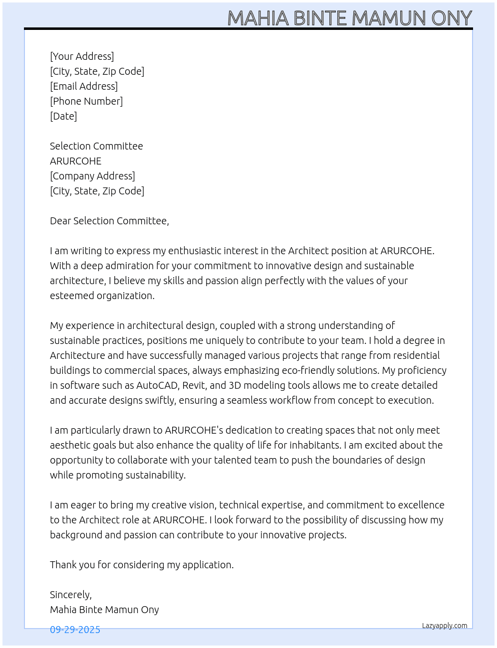 Architect At ARURCOHE Cover Letter