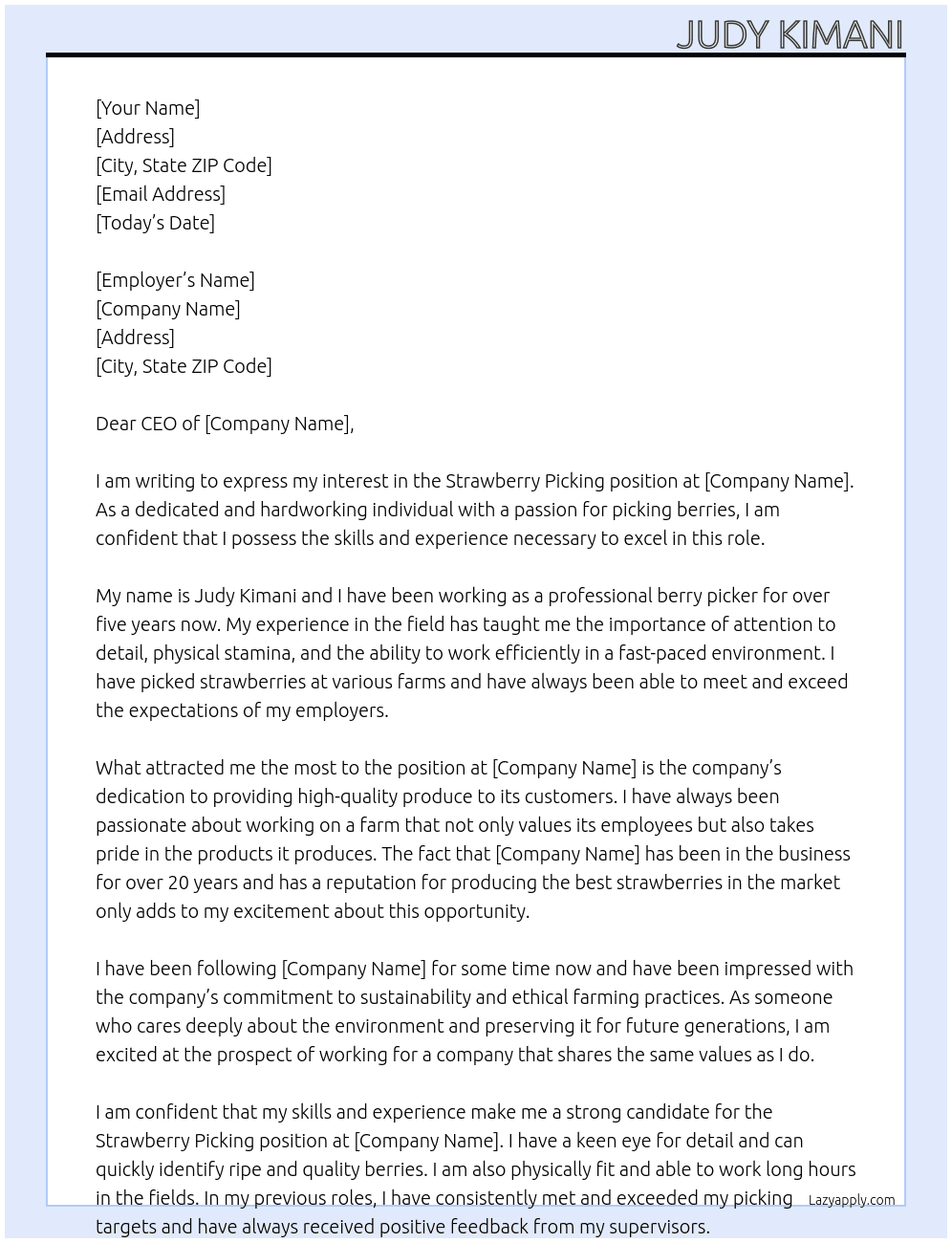 Strawberry picking At Any farm Cover Letter