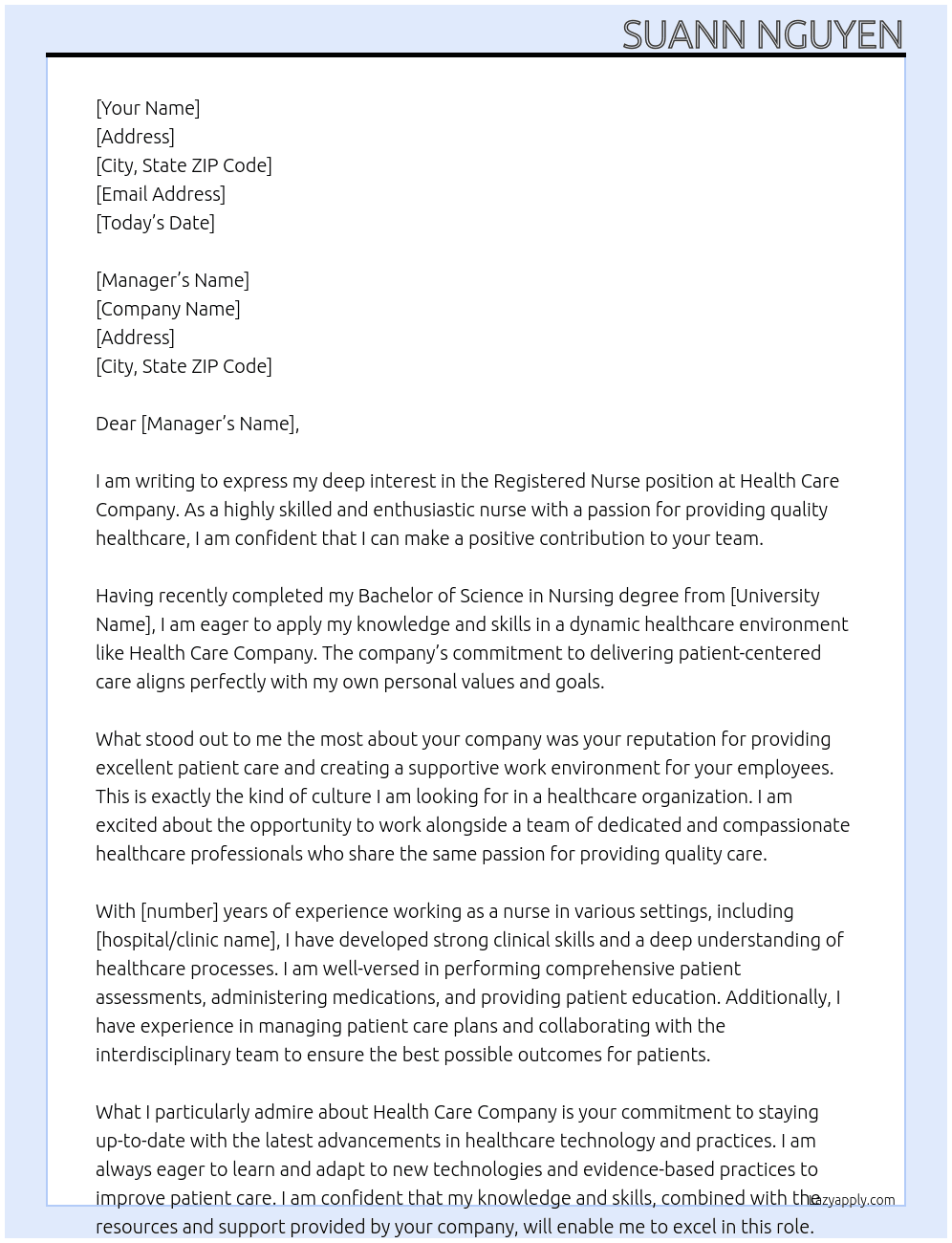 Registered Nurse  At Health Care Company Cover Letter