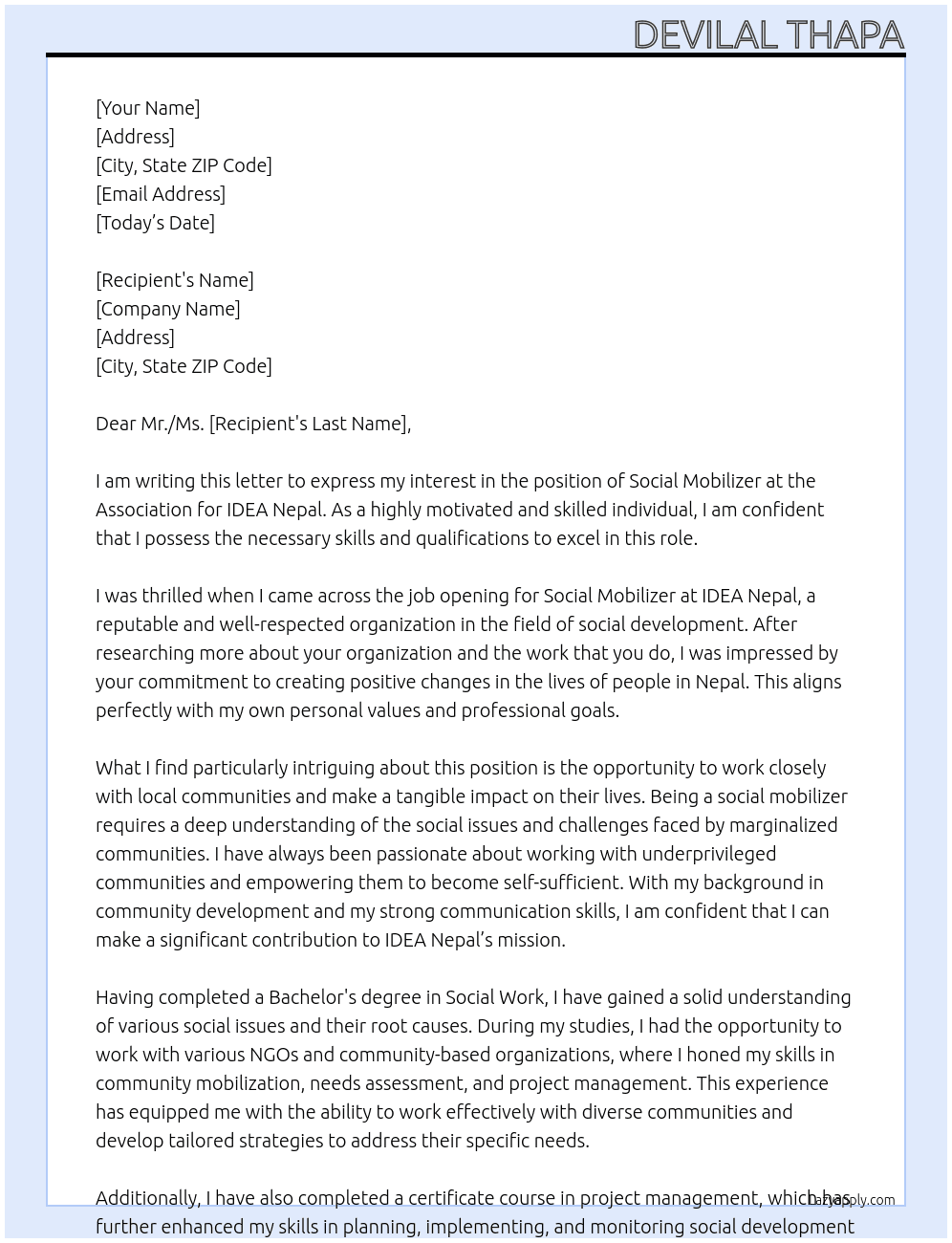 Social Mobilizer At Association for IDEA Nepa Cover Letter