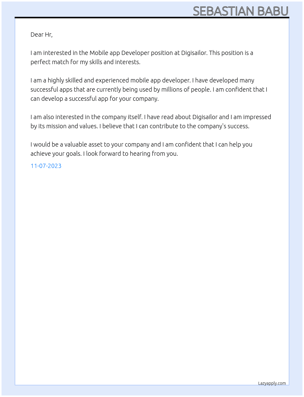 Mobile app Developer  At Digisailor Cover Letter