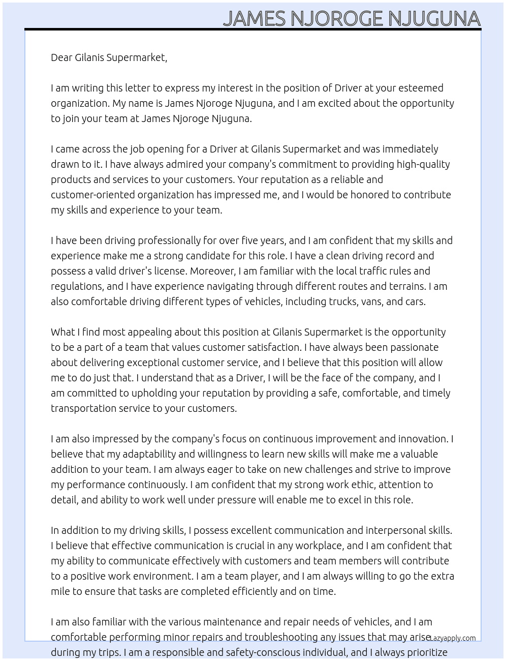 DRIVER At JAMES NJOROGE NJUGUNA Cover Letter