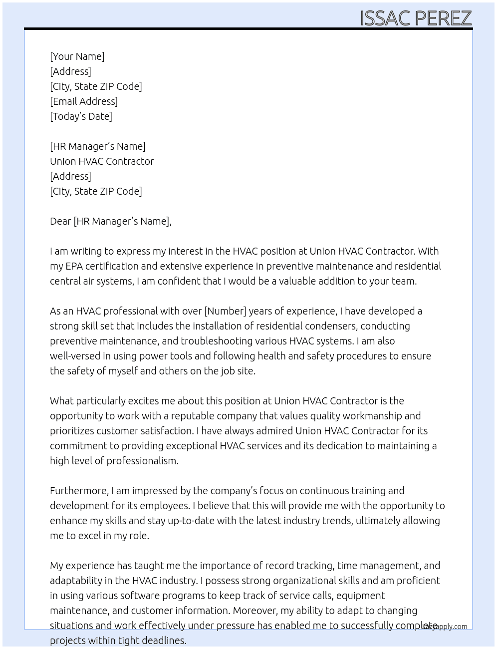 HVAC At Union Hvac contractor Cover Letter