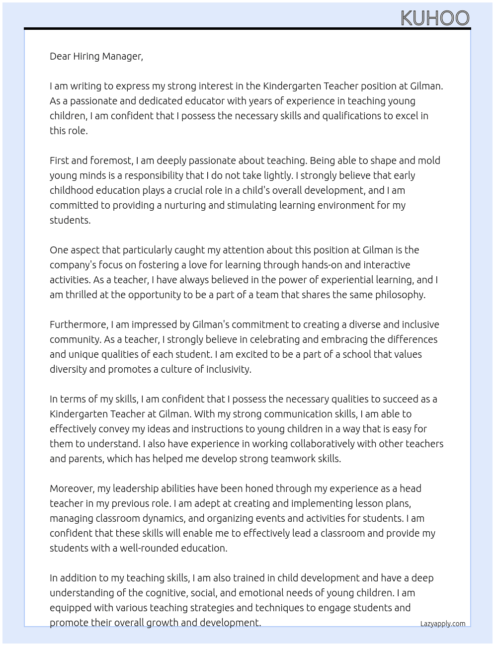 Kindergarten Teacher At Gilman  Cover Letter