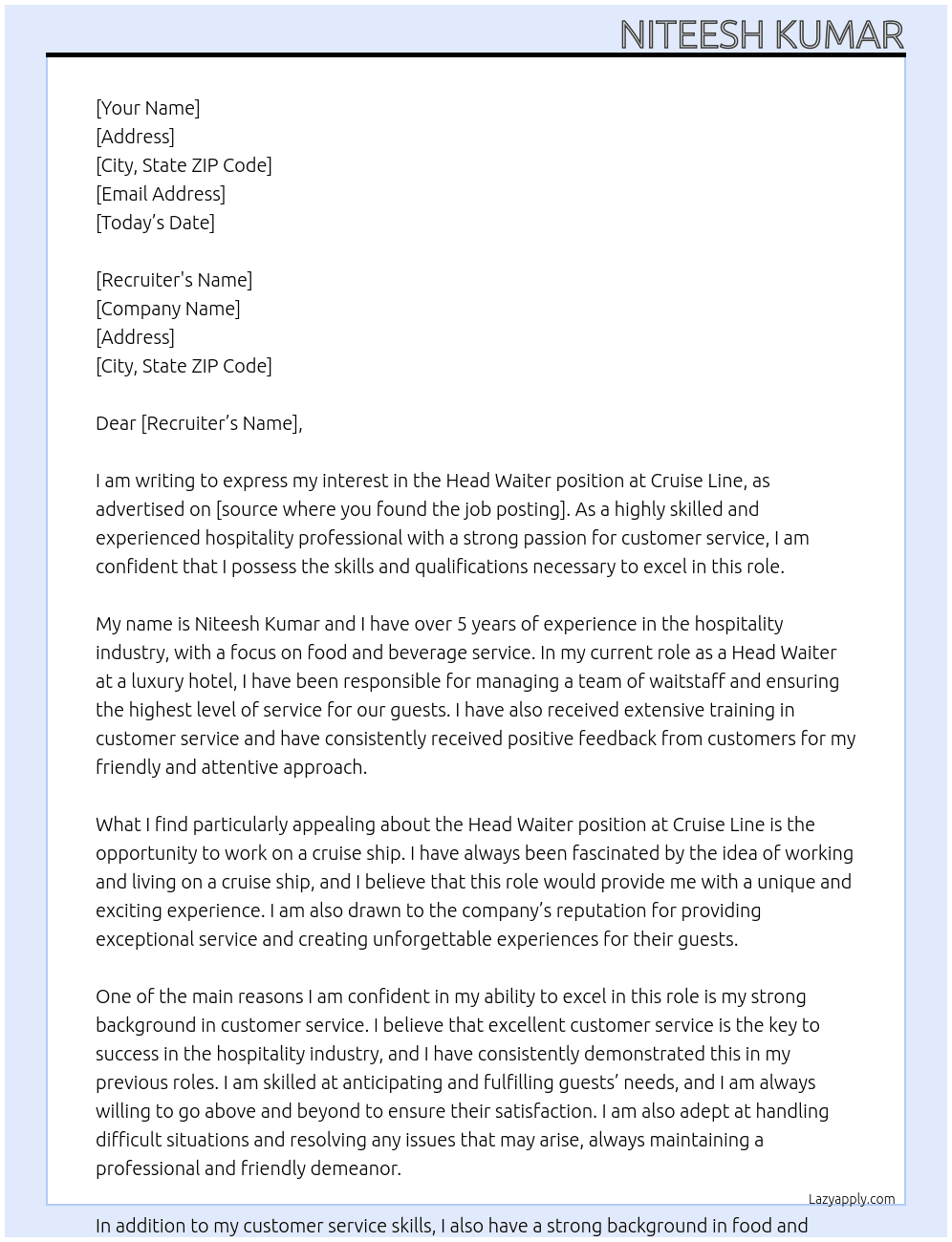 Head waiter At Cruise line  Cover Letter