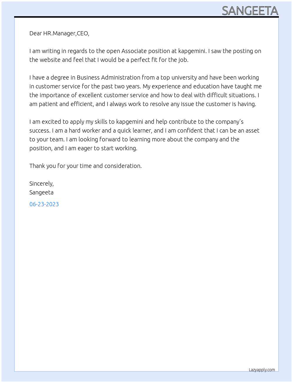 associate At kapgemini Cover Letter