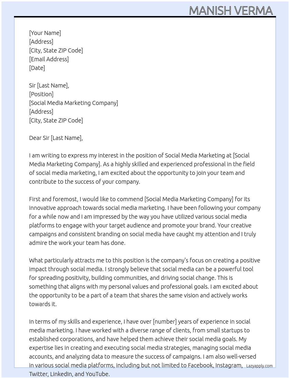 social media marketing  At social media marketing  Cover Letter