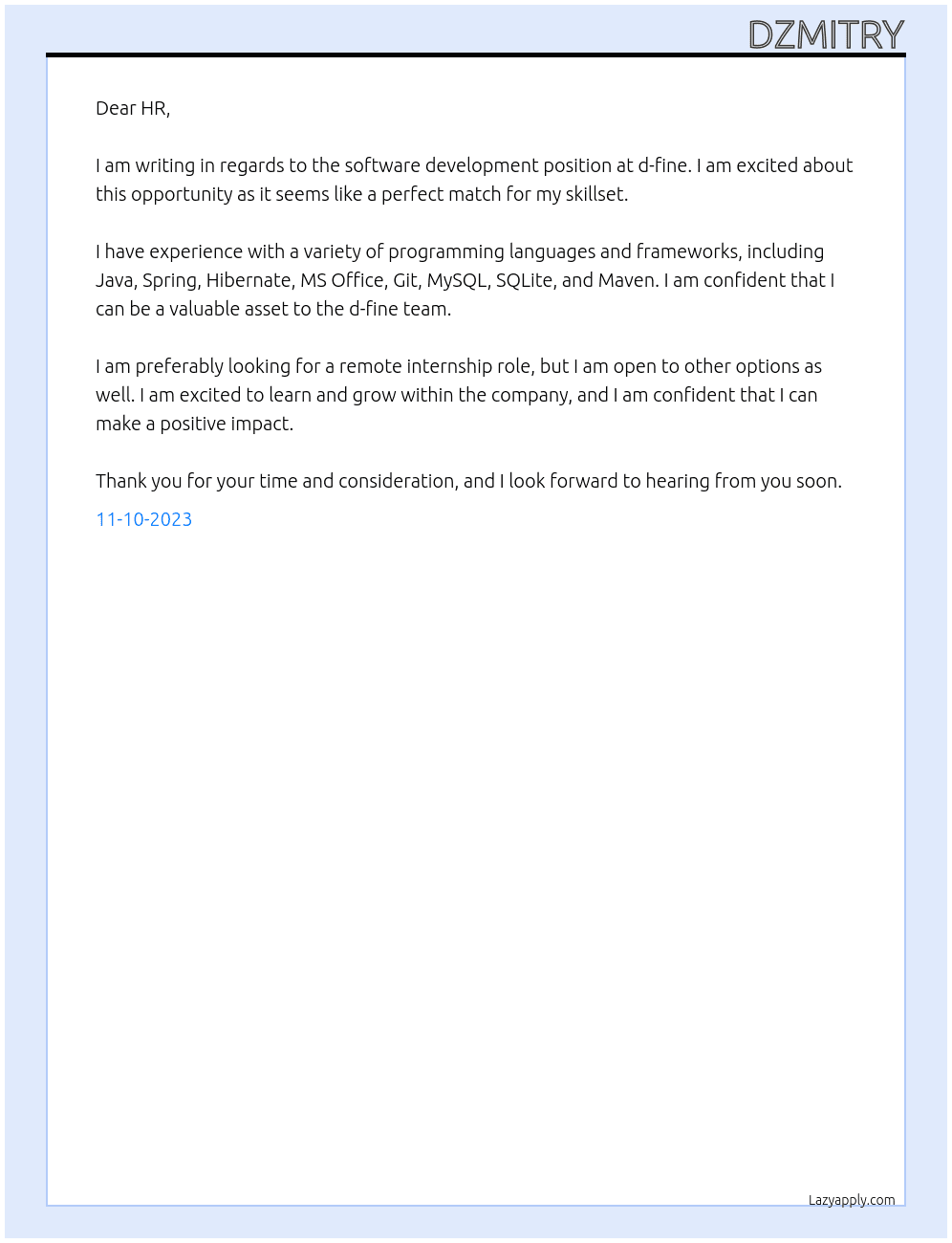 Software development  At d-fine Cover Letter