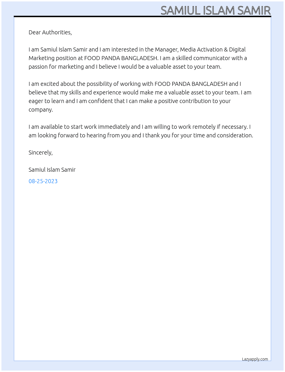 Manager, Media Activation & Digital Marketing At FOOD PANDA BANGLADESH Cover Letter
