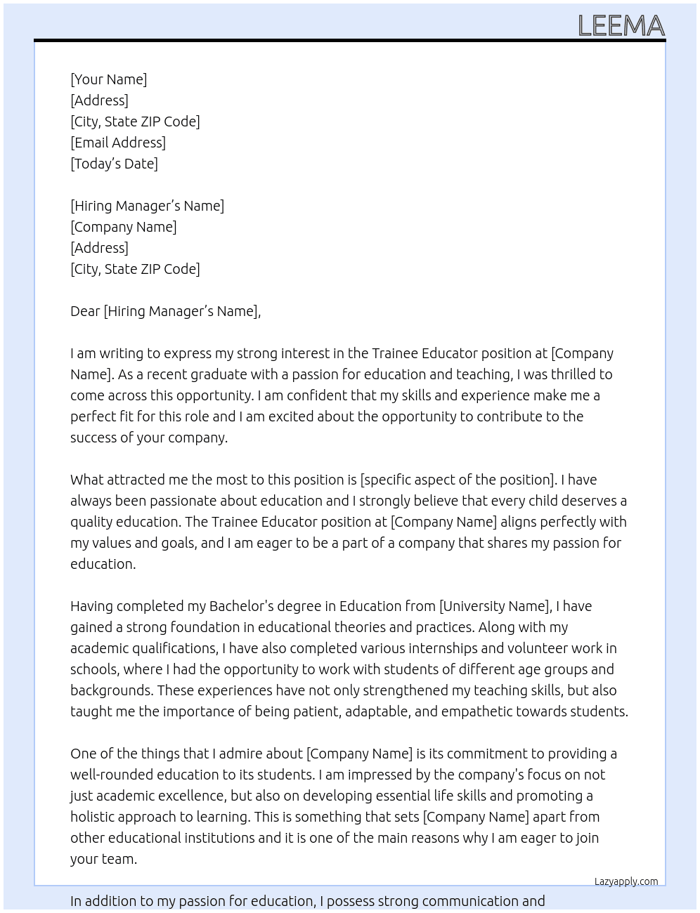 trainee educator At traineeship Cover Letter