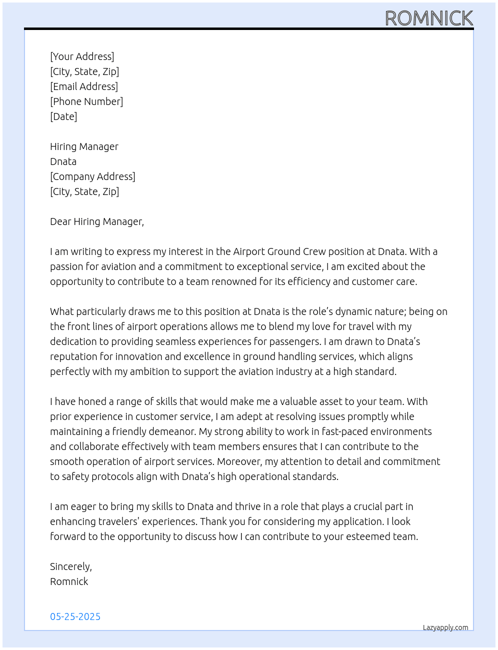 Cover letter for airport ground crew - LazyApply