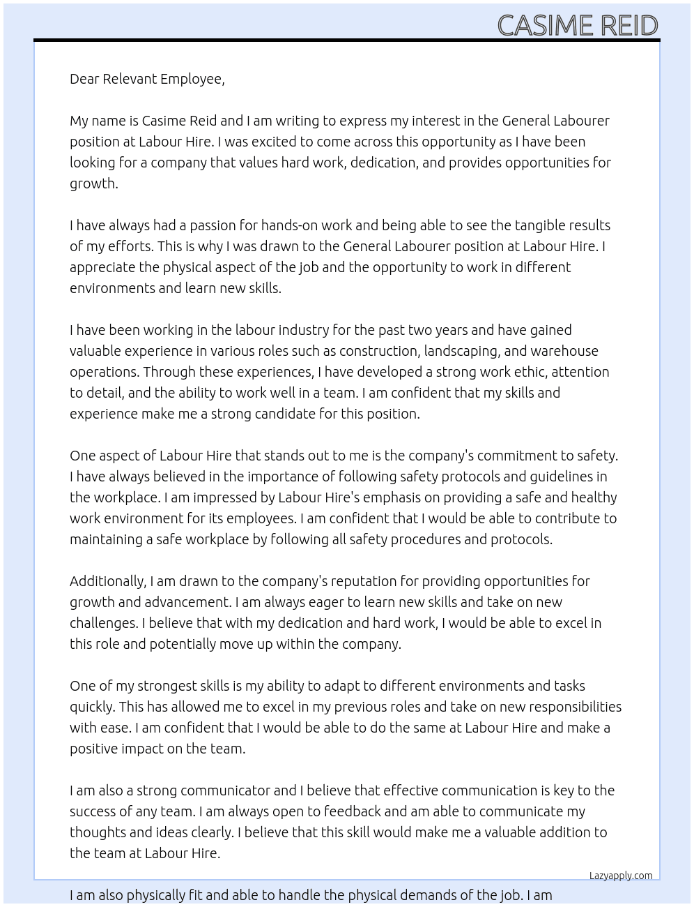 General labourer  At Labour hire Cover Letter