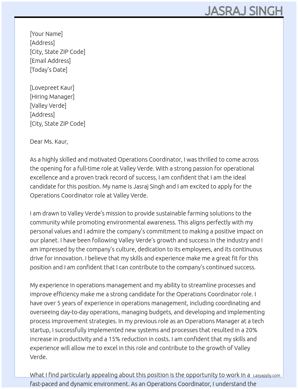 Operations Coordinator At Valley Verde Cover Letter