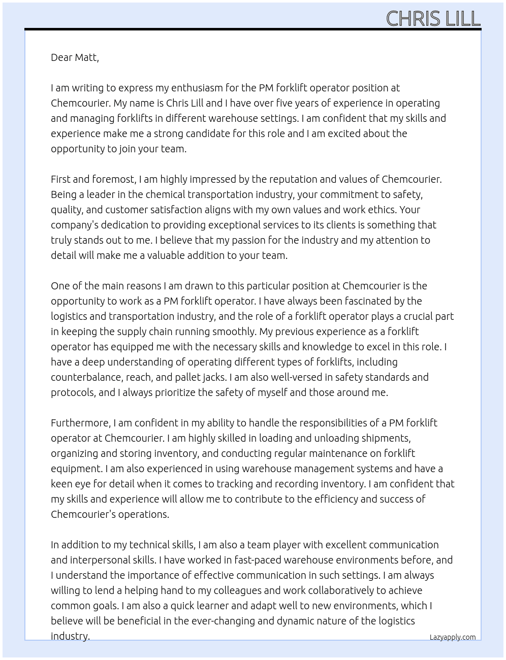 PM forklift operator  At Chemcourier Cover Letter