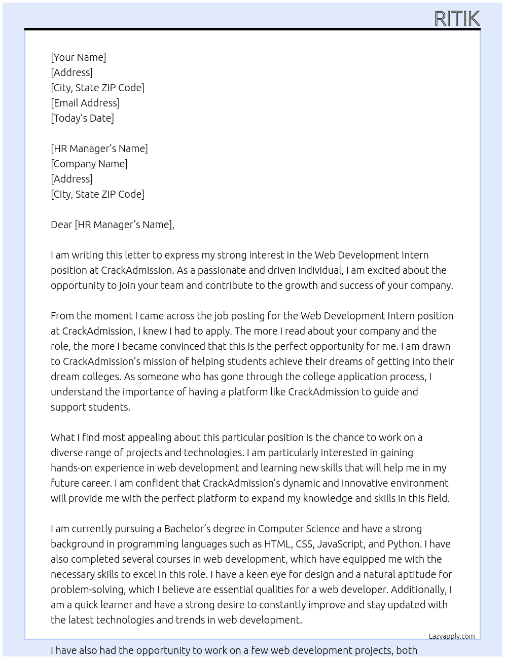 Web Development Intern At CrackAdmission Cover Letter