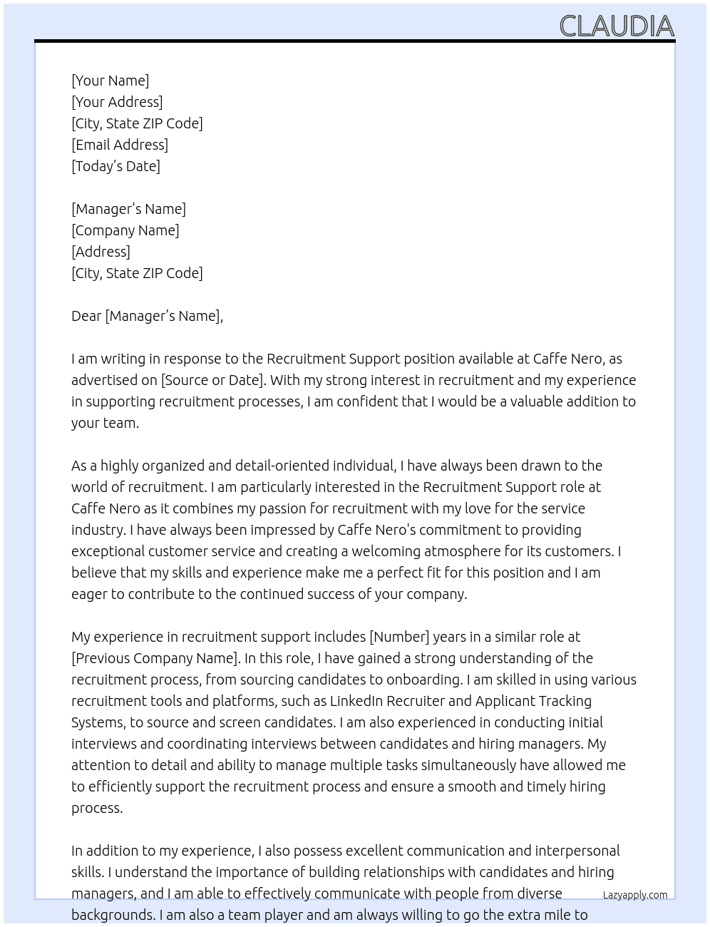 Recruitment support At Caffe nero Cover Letter