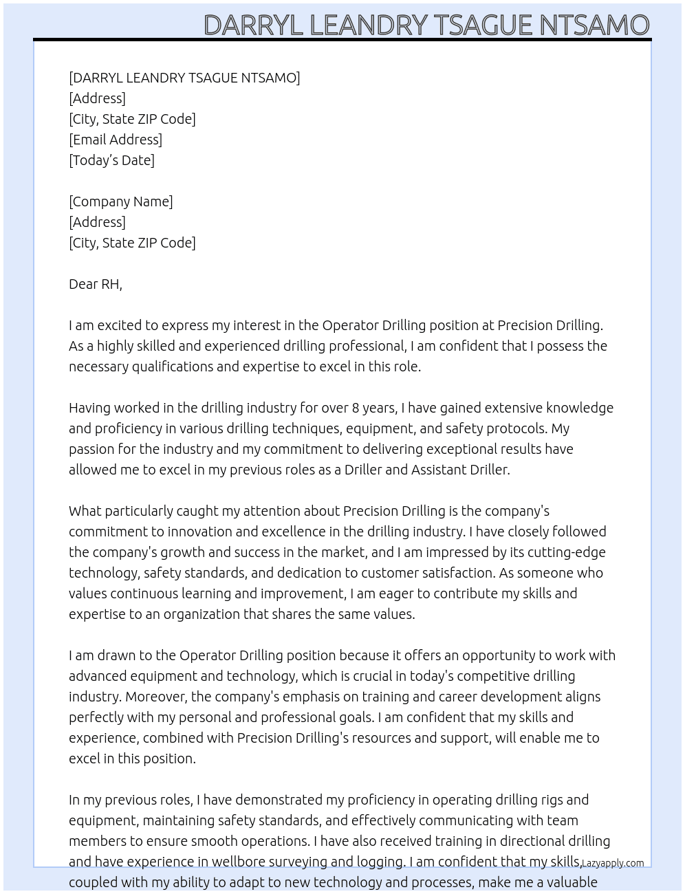 OPERATOR DRILLING At PRECISION DRILLING Cover Letter
