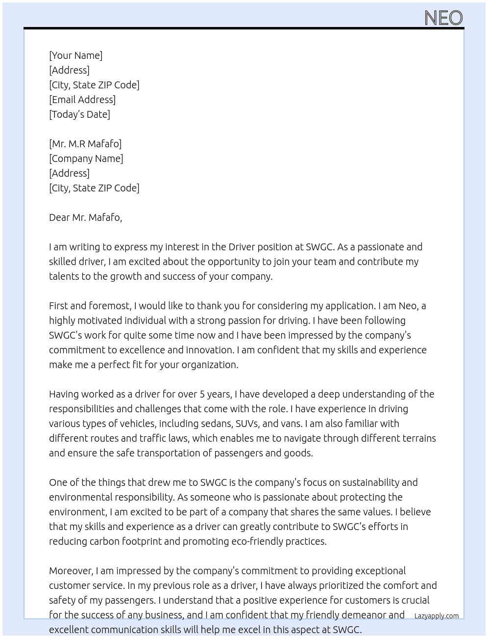 Driver At SWGC Cover Letter