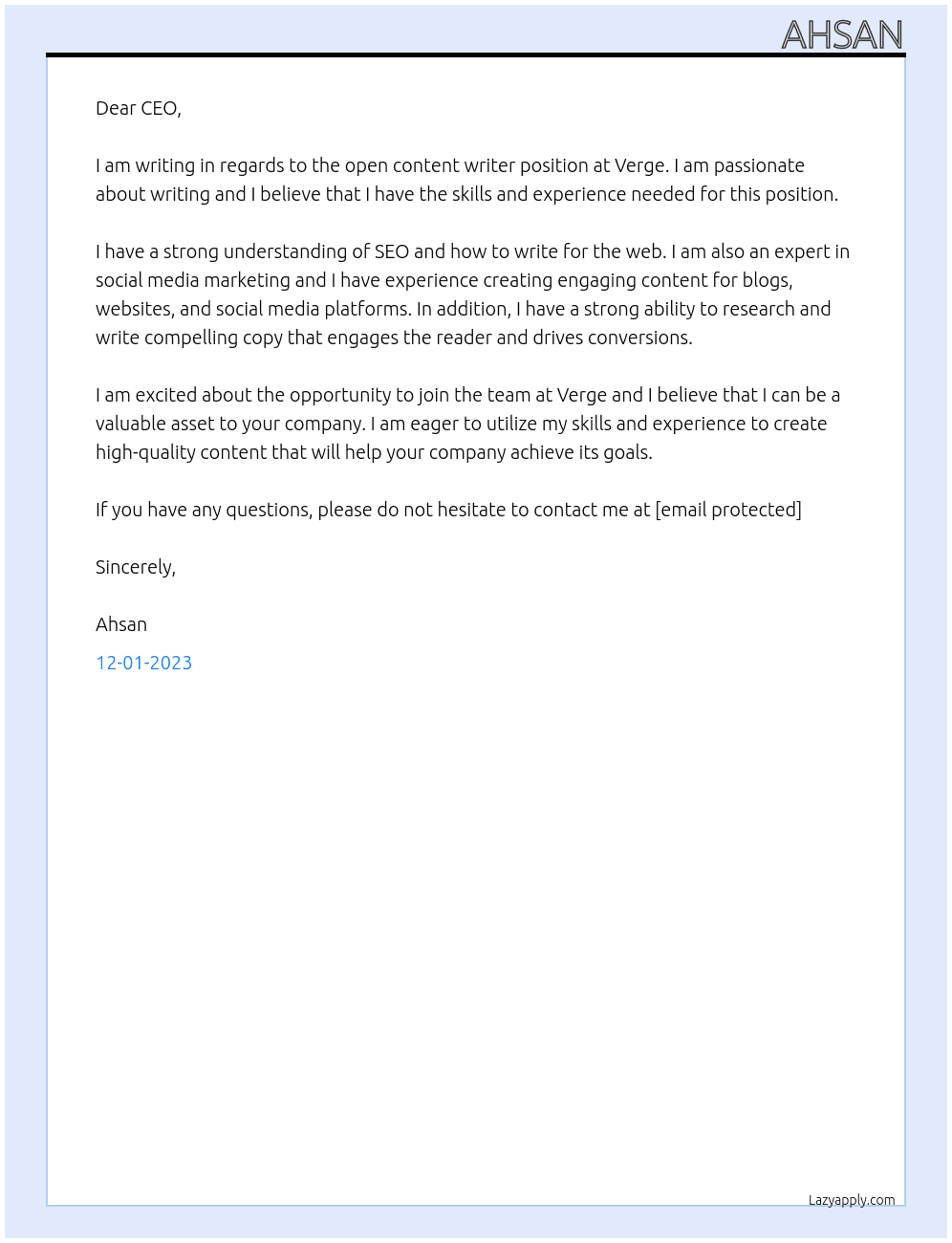 content writer At verge Cover Letter