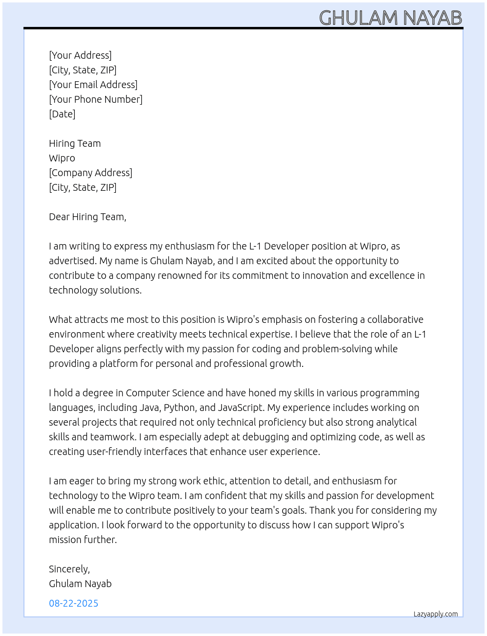 Cover letter for l-1 developer - LazyApply