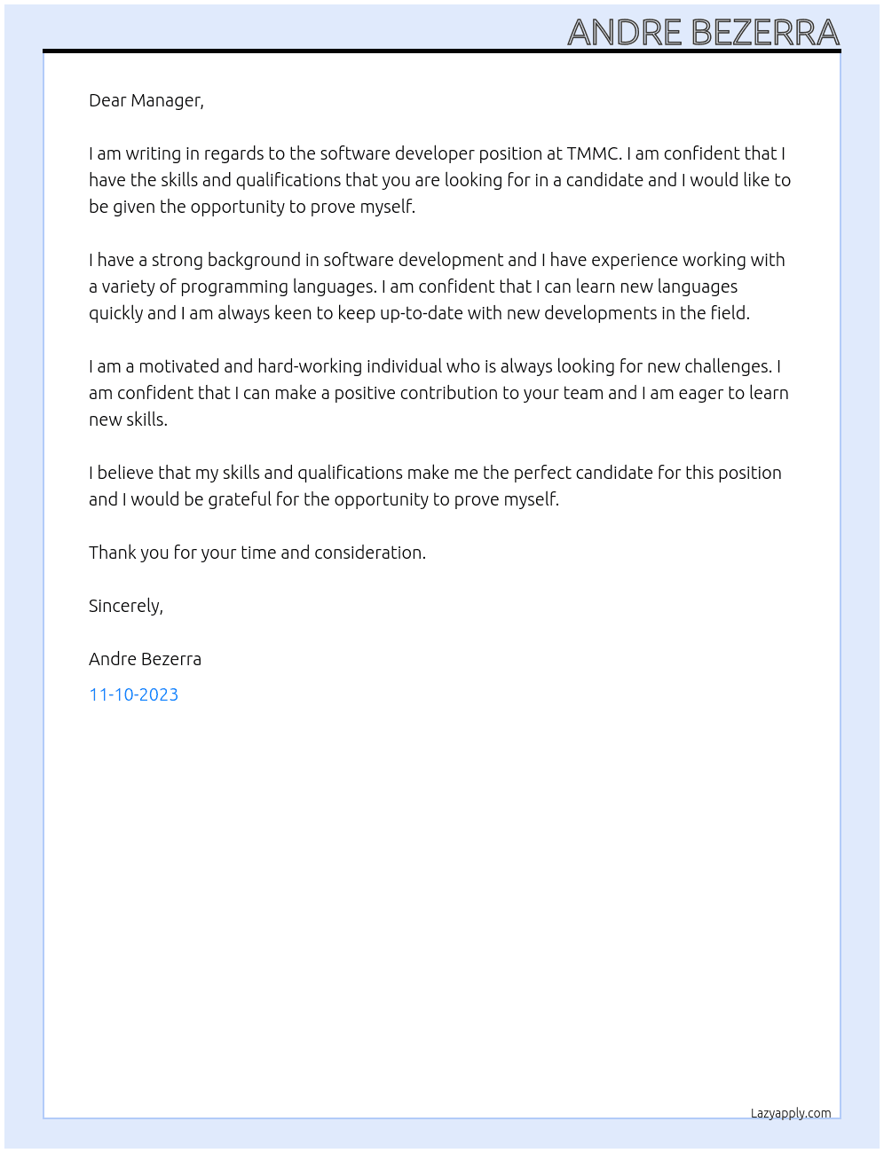 software developer At TMMC Cover Letter