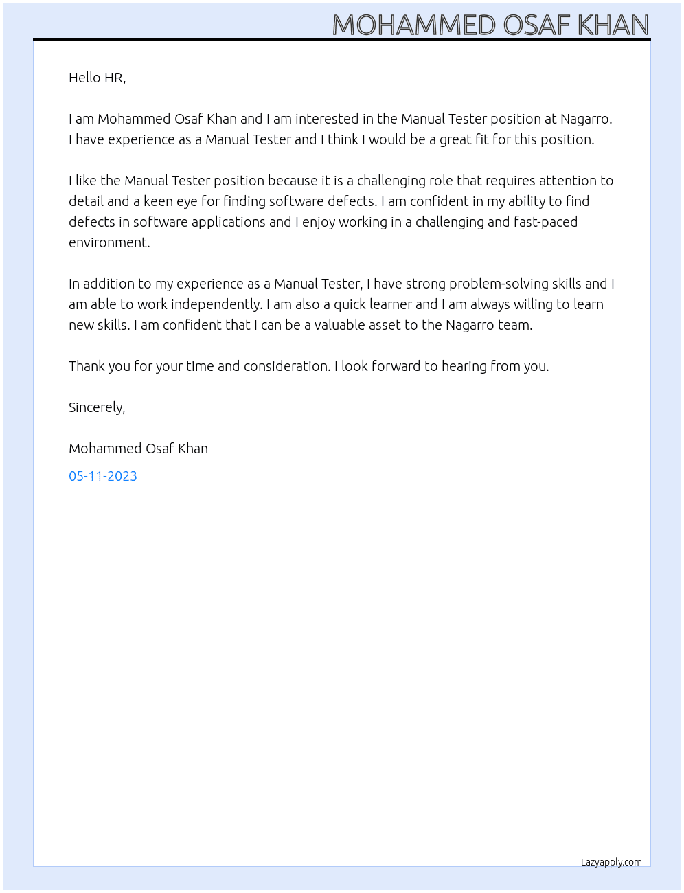 Manual Tester At Nagarro Cover Letter