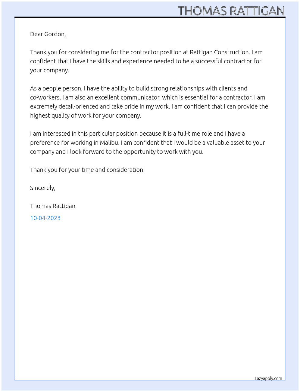Contractor At Rattigan Construction Cover Letter