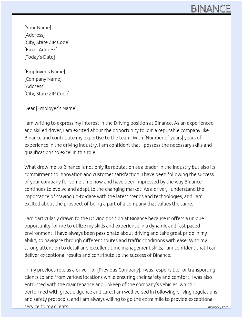 Driving At Binance Cover Letter