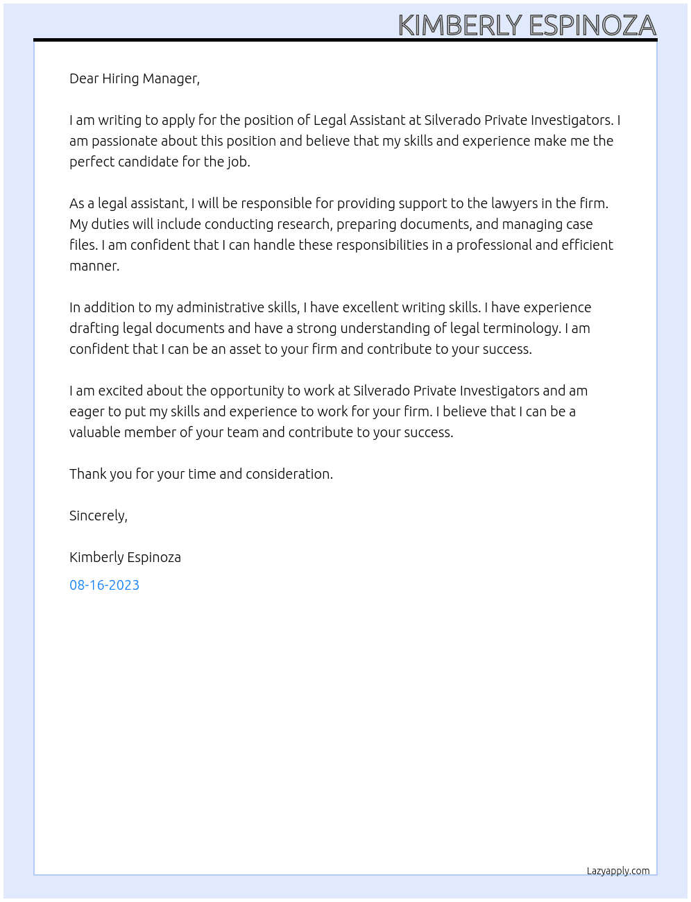 Legal Assistant At Silverado Private Investigators Cover Letter